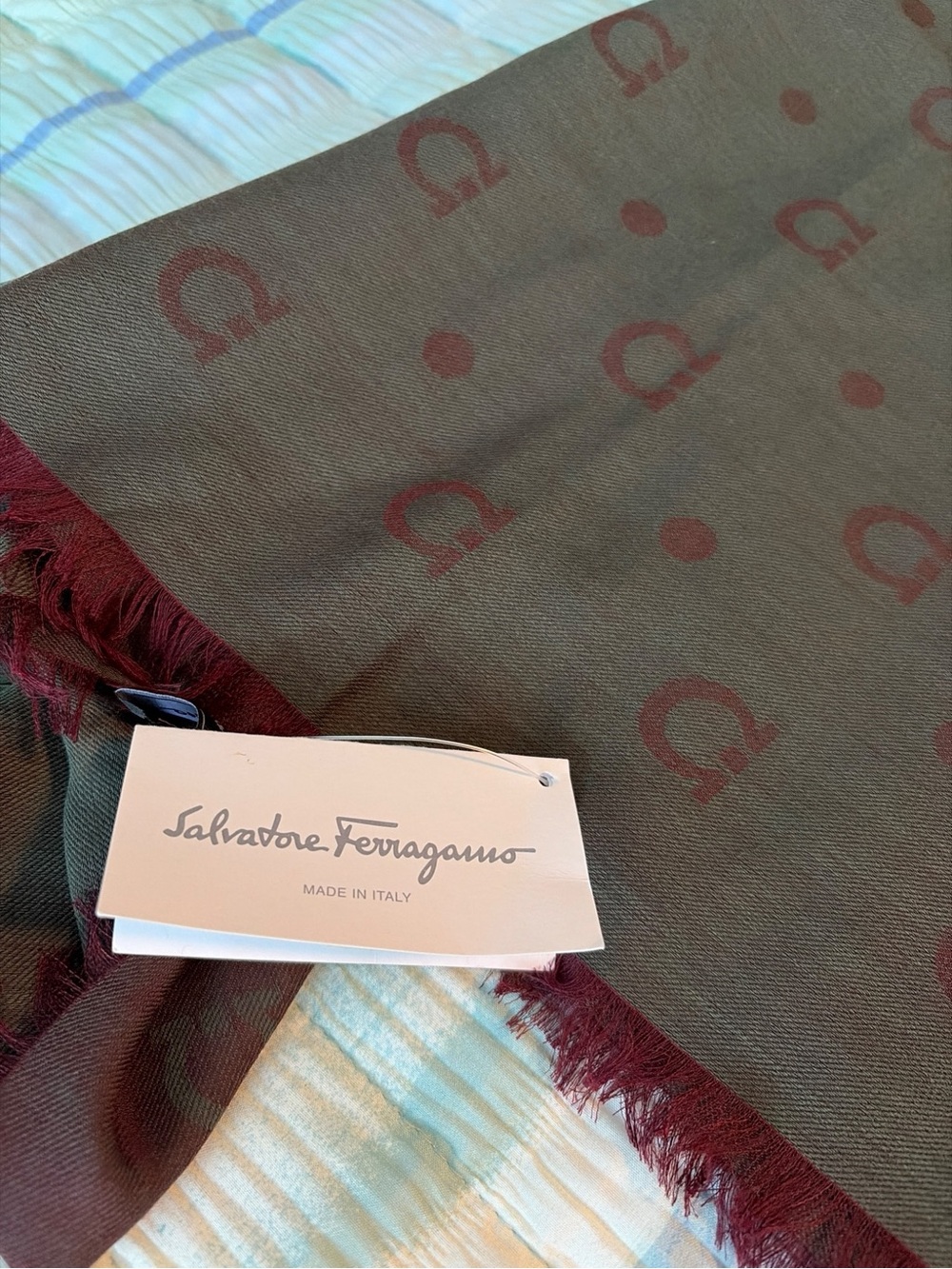 NWT: Salvatore Ferragamo Gancini Reversible Oversized Scarf Stole Burgundy Olive